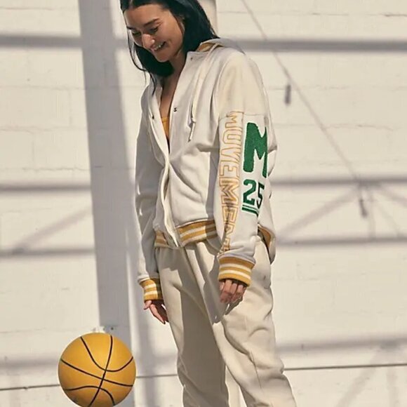 New Free People Movement Post Up Graphic Sweat White Hoodie Varsity Jacket Small - Picture 1 of 15